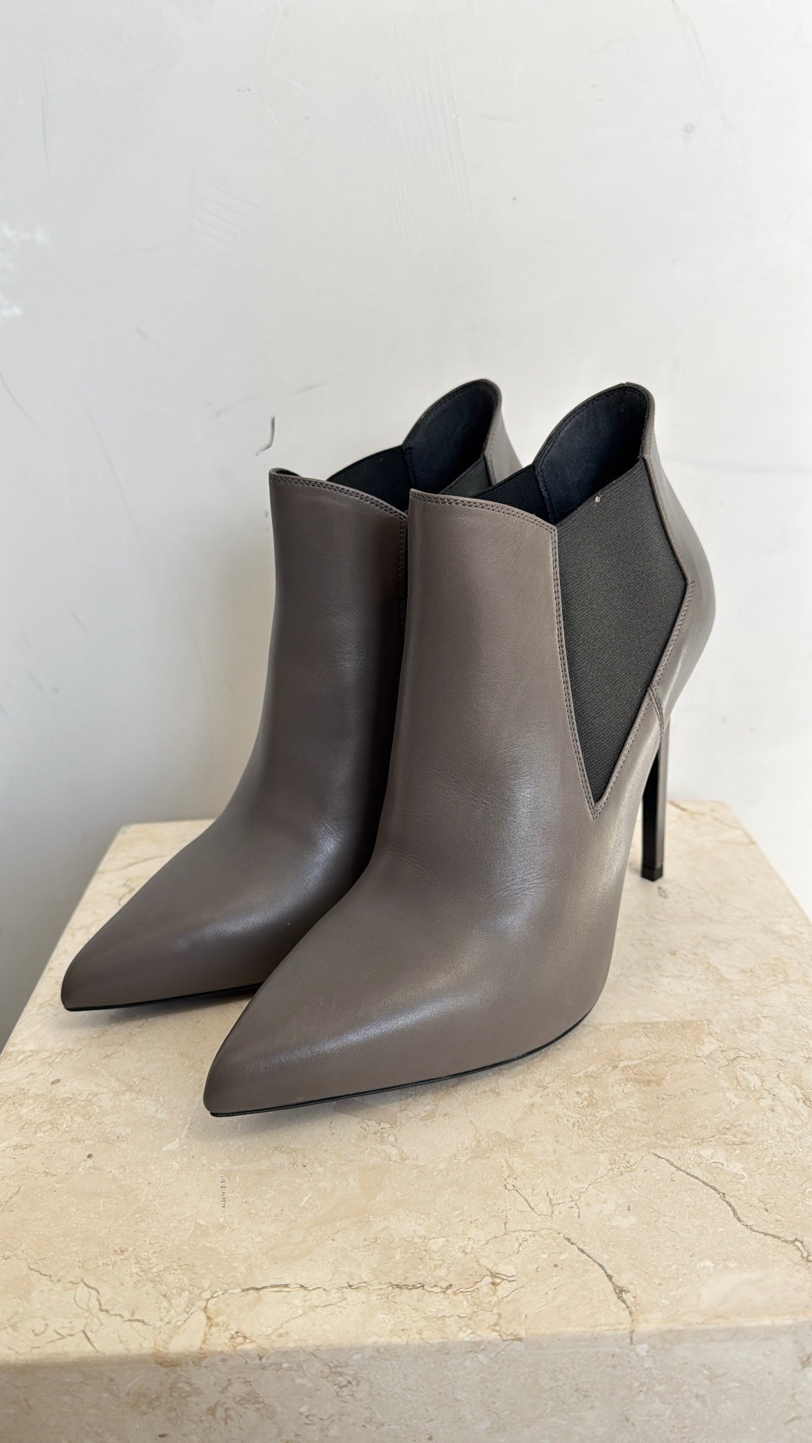 Saint Laurent Charoal Leather Stiletto Ankle Boots, 39.5