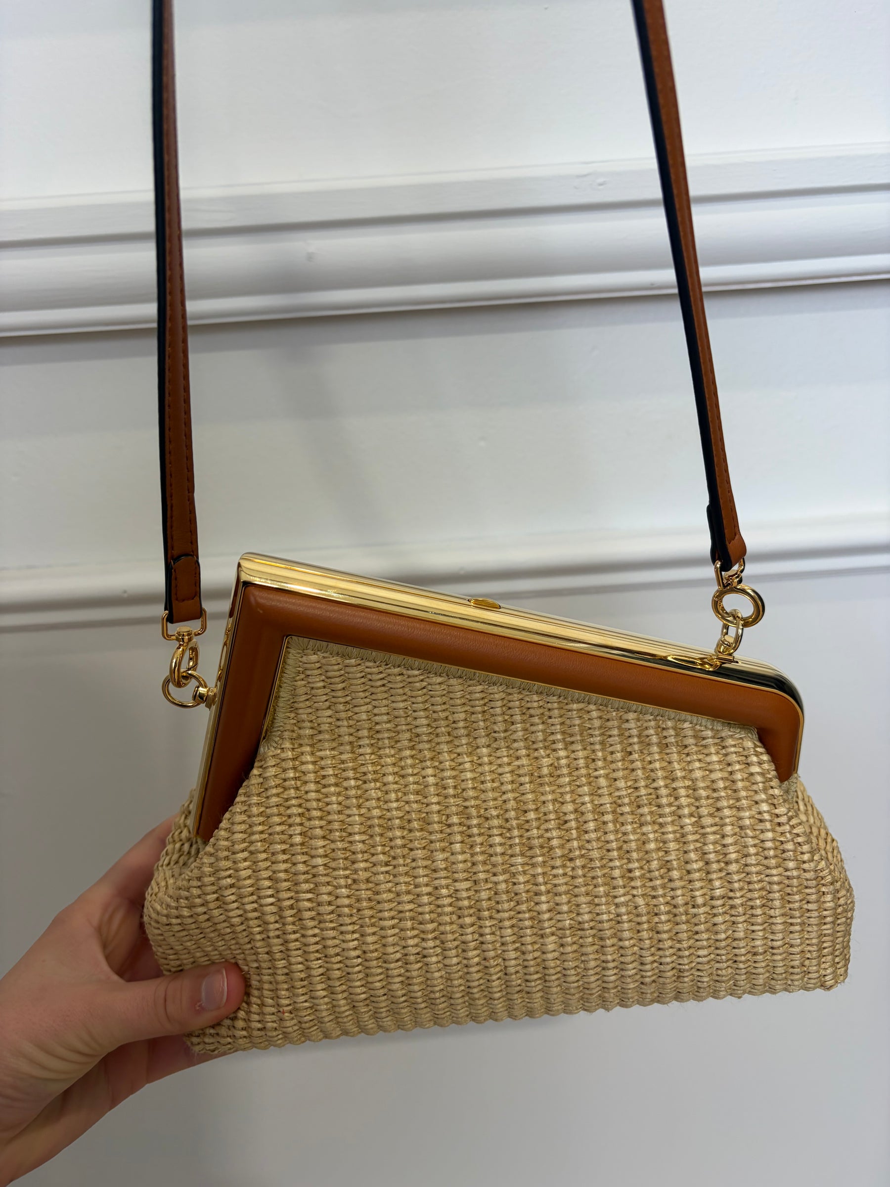Fendi First Raffia and Tan Leather Small Crossbody Pouch