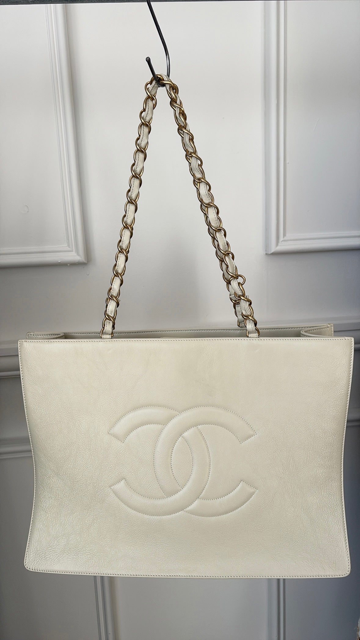 Chanel Cream Logo Shopper Chain Tote