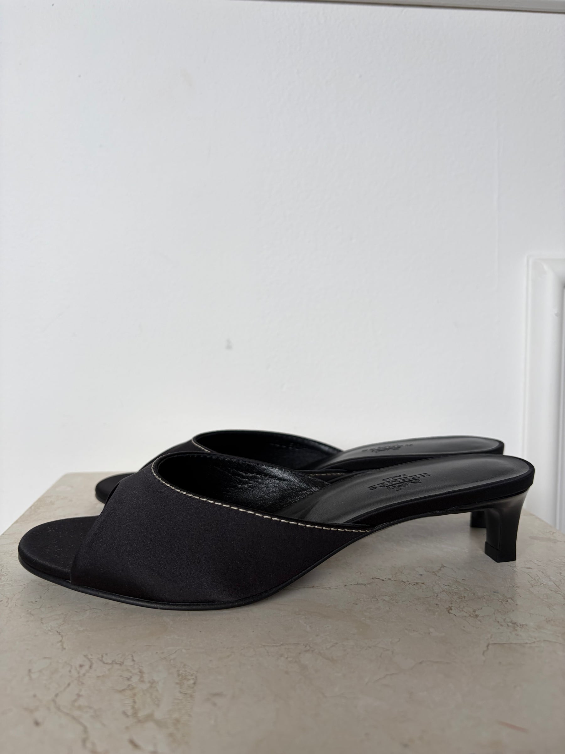 Hermès Black Satin Marilyn Heeled Sandal, 37