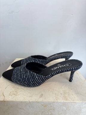 Chanel Navy Bouclé Tweed And Grosgrain Mules, 39C
