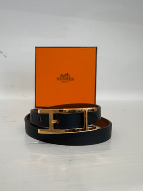 Hermès Black Leather and Rose Gold Behapi Wrap Bracelet, T2