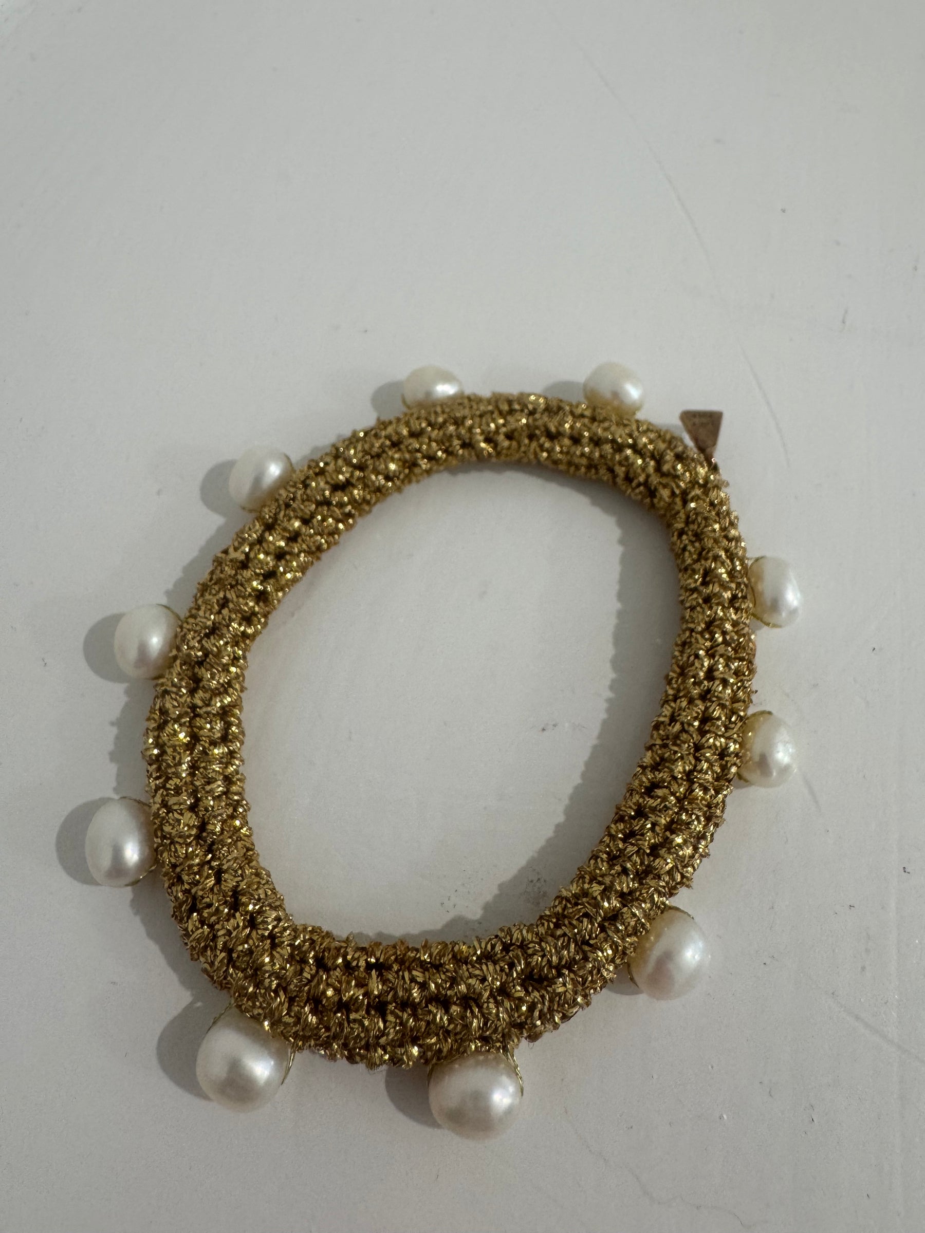 Lucy Folk Gold Metallic Crochet Bracelet With Pearl Detail