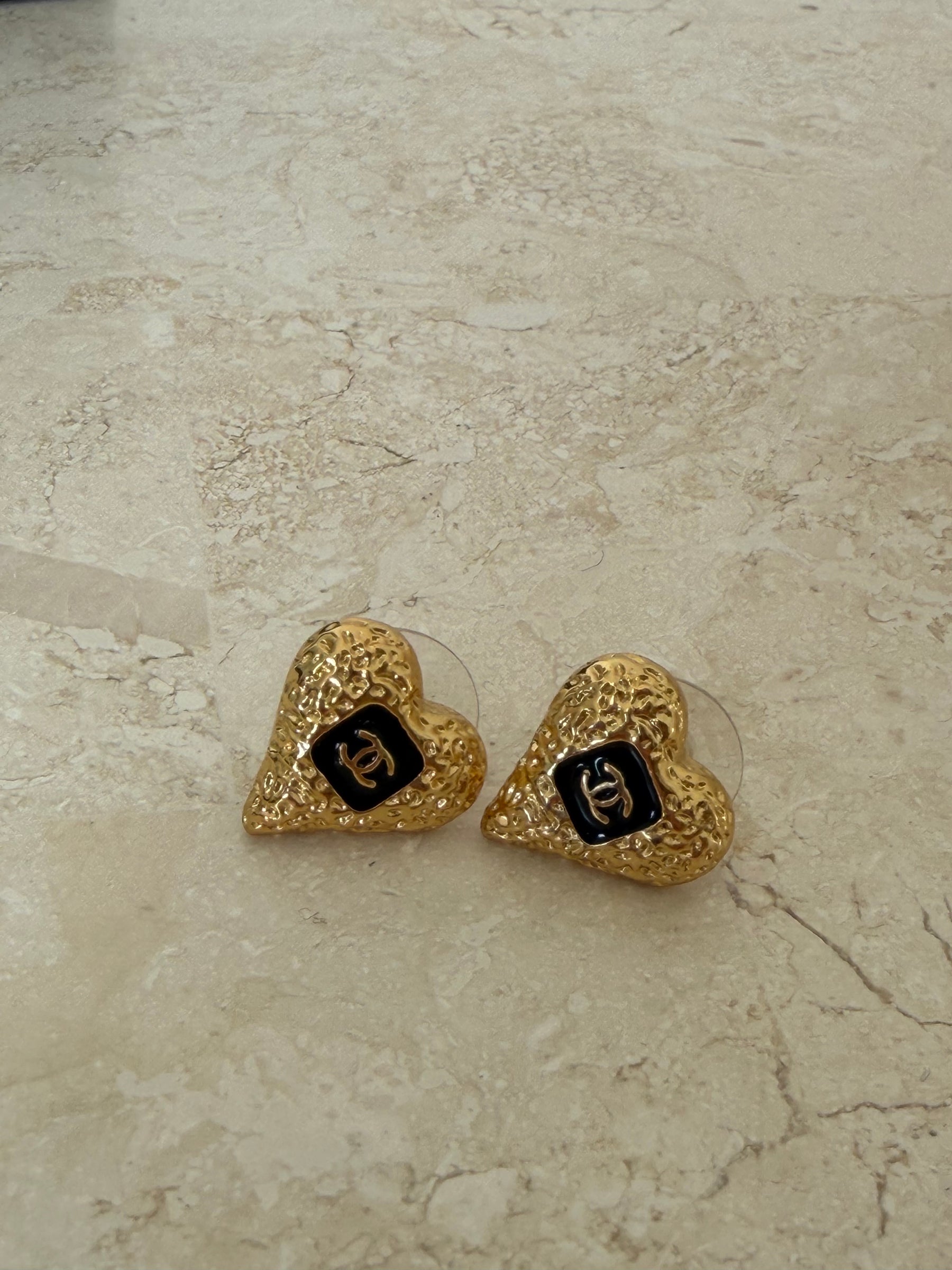 Chanel Gold Tone Heart Logo Studs