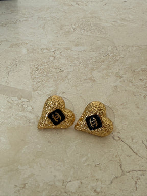 Chanel Gold Tone Heart Logo Studs