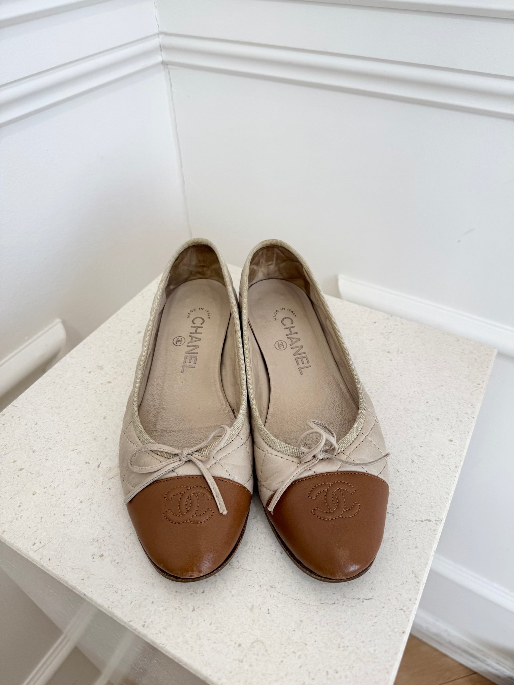 Chanel Beige and Tan Quilted Ballet Flats, 37