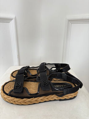 Chanel Black Patent And Raffia Dad Sandals, 39.5