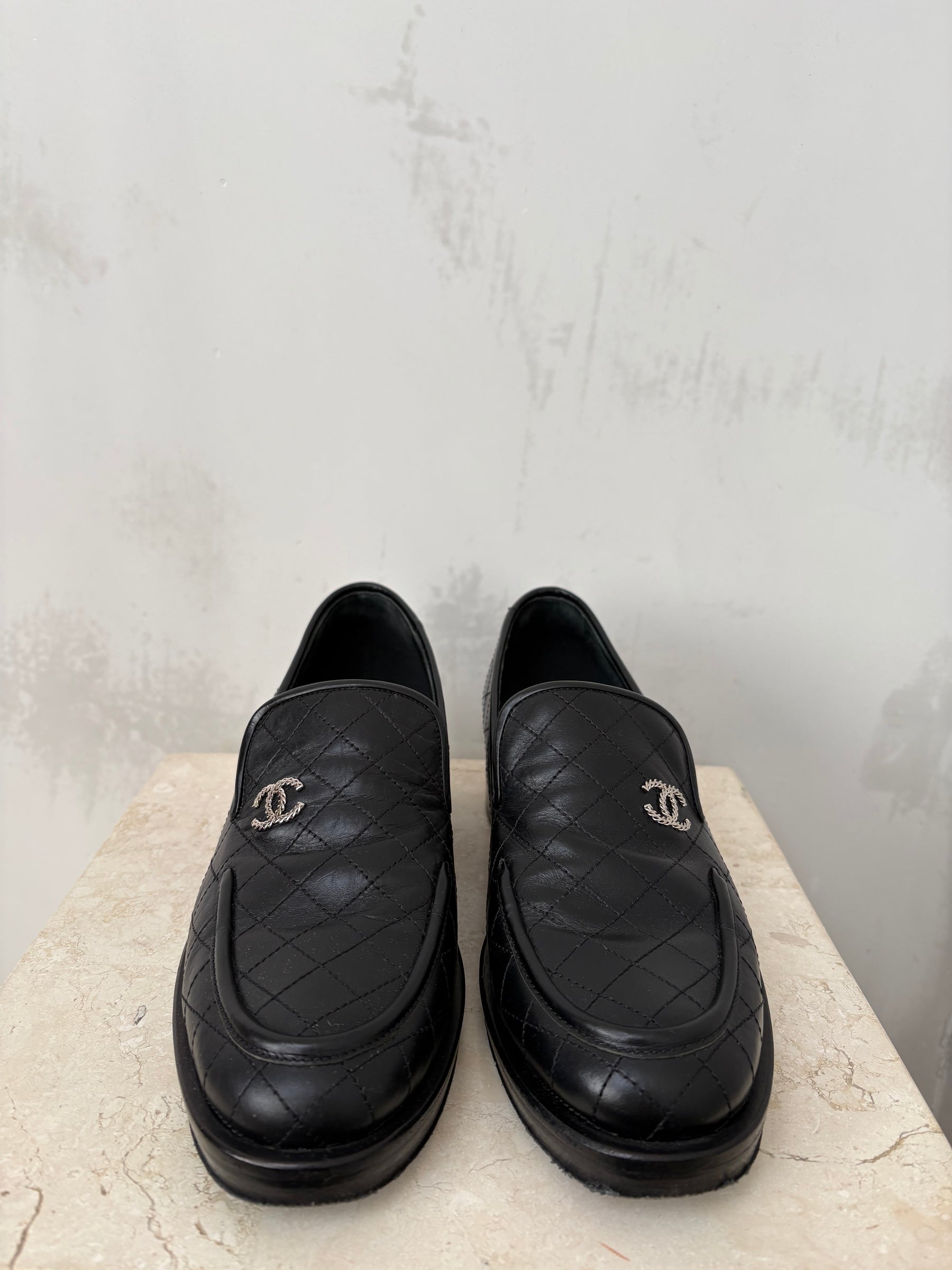 Chanel Black Quilted Calfkin Loafers, 39.5C