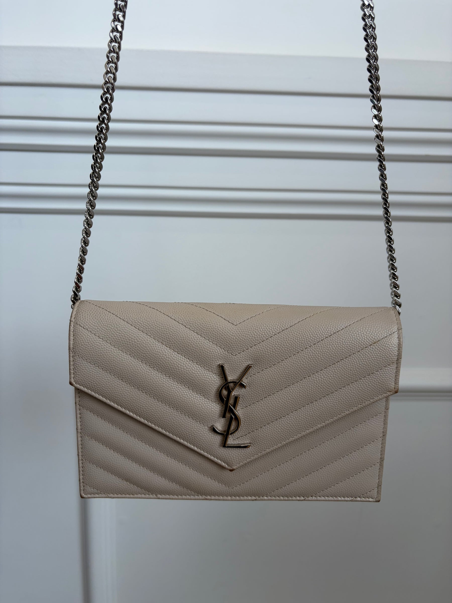 Saint Laurent Beige Grained Leather Envelope Chain Wallet