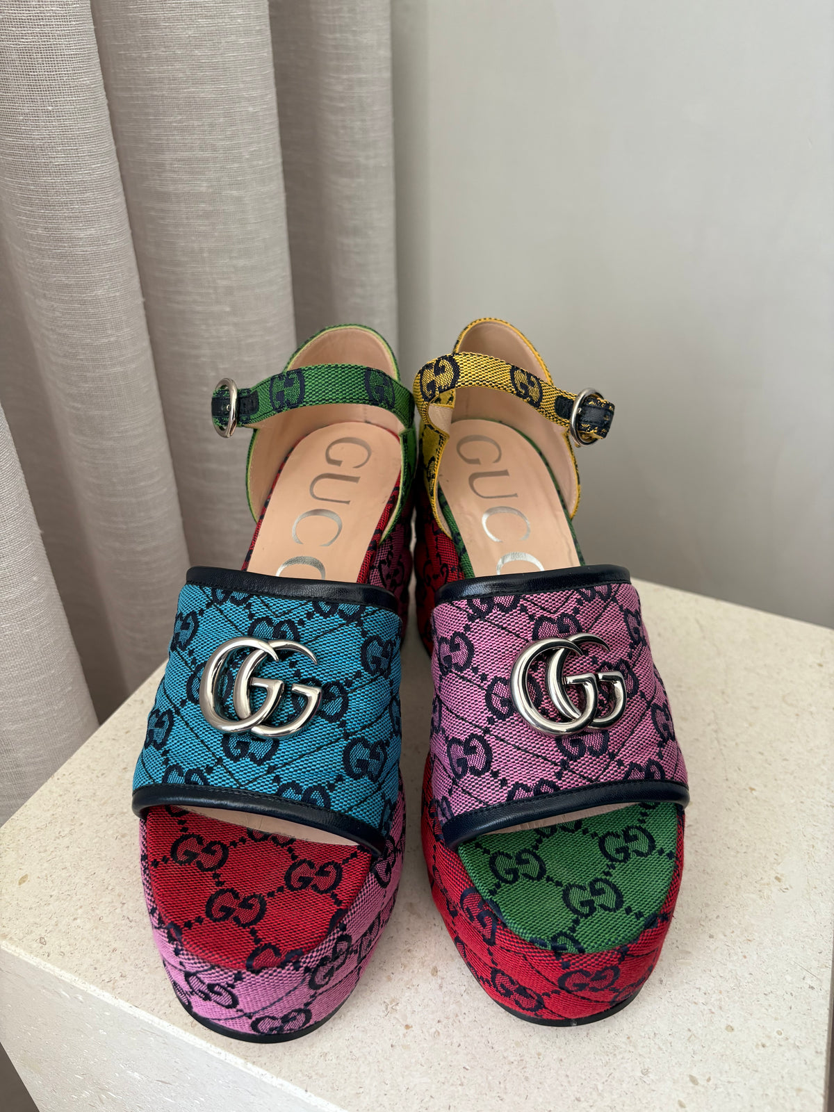 Gucci Multi Monogram Canvas Platfrom Marmont Sandals, 37