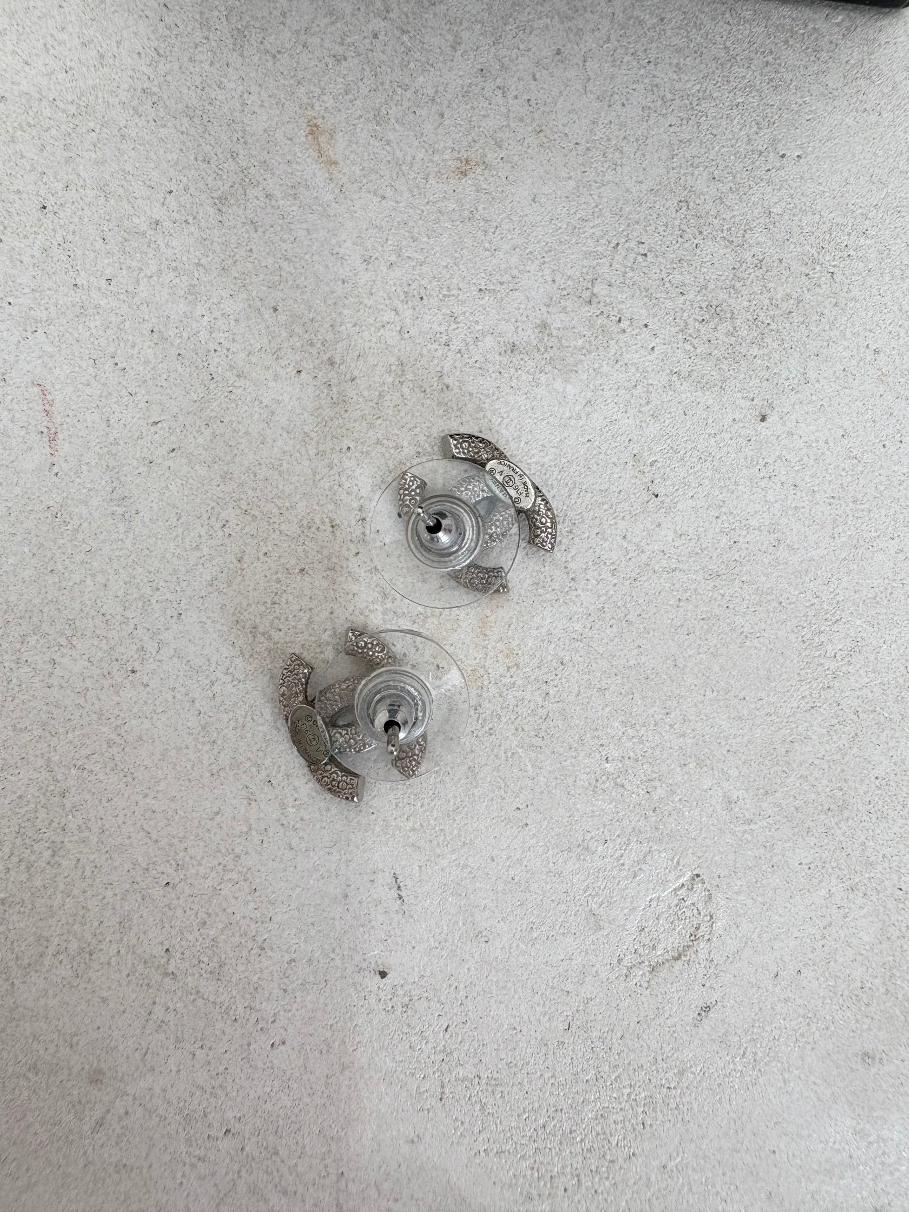 Chanel Silver Crystal Logo Studs