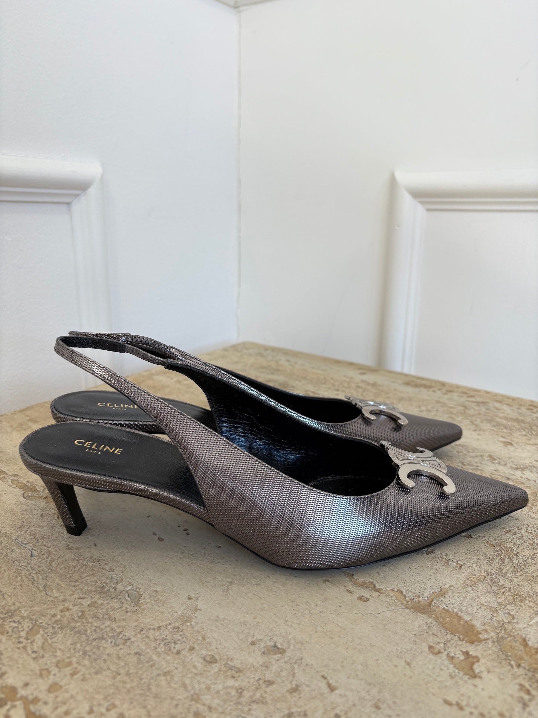 Celine Gunmetal Perforated Leather Triomphe Slingback Heel, 40.5