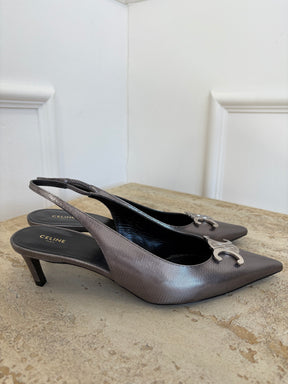 Celine Gunmetal Perforated Leather Triomphe Slingback Heel, 40.5