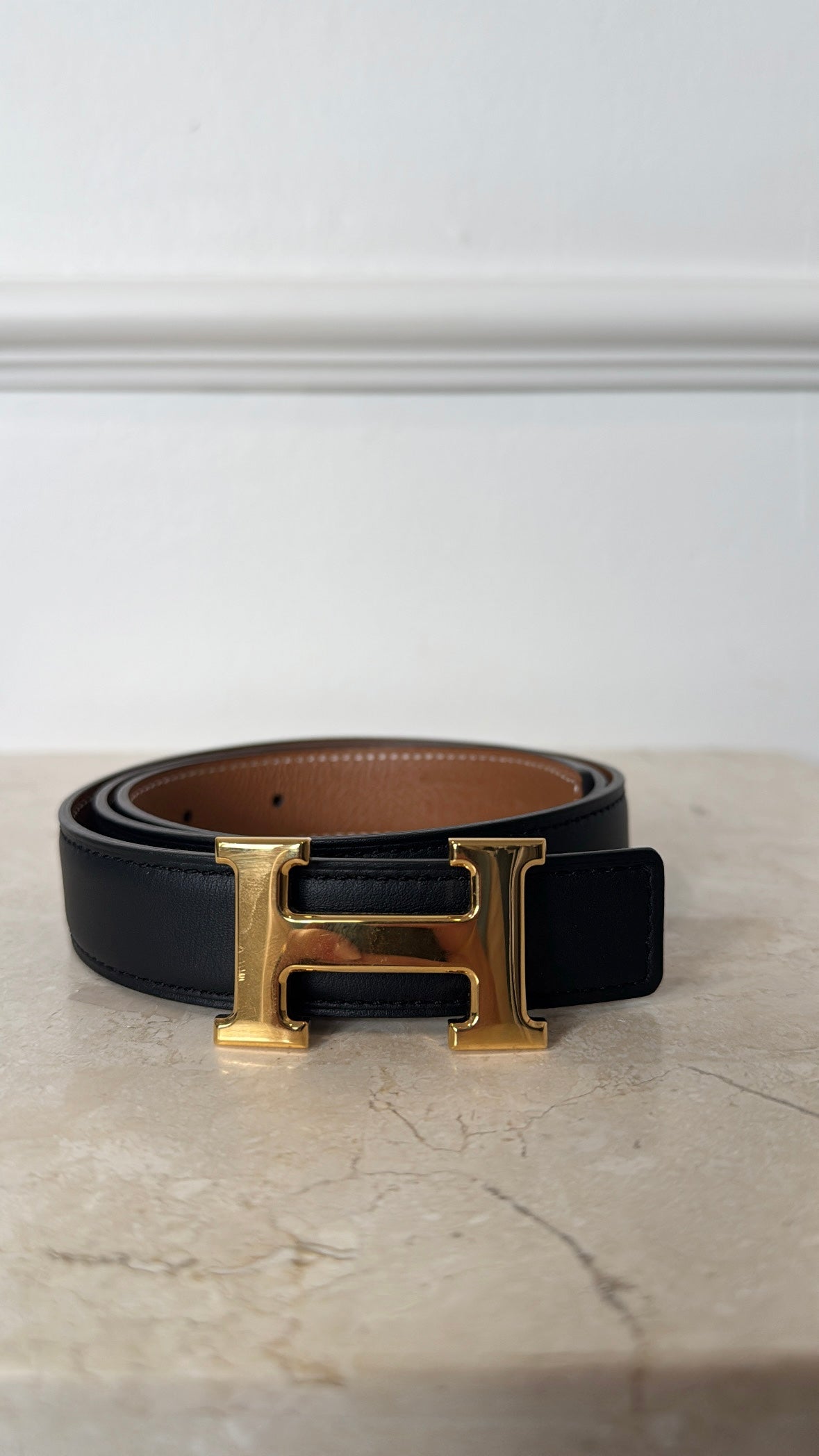 Hermes Reversible Belt Black Tan Gold H, 75