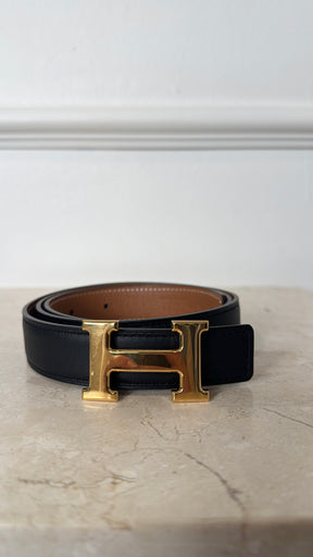 Hermes Reversible Belt Black Tan Gold H, 75
