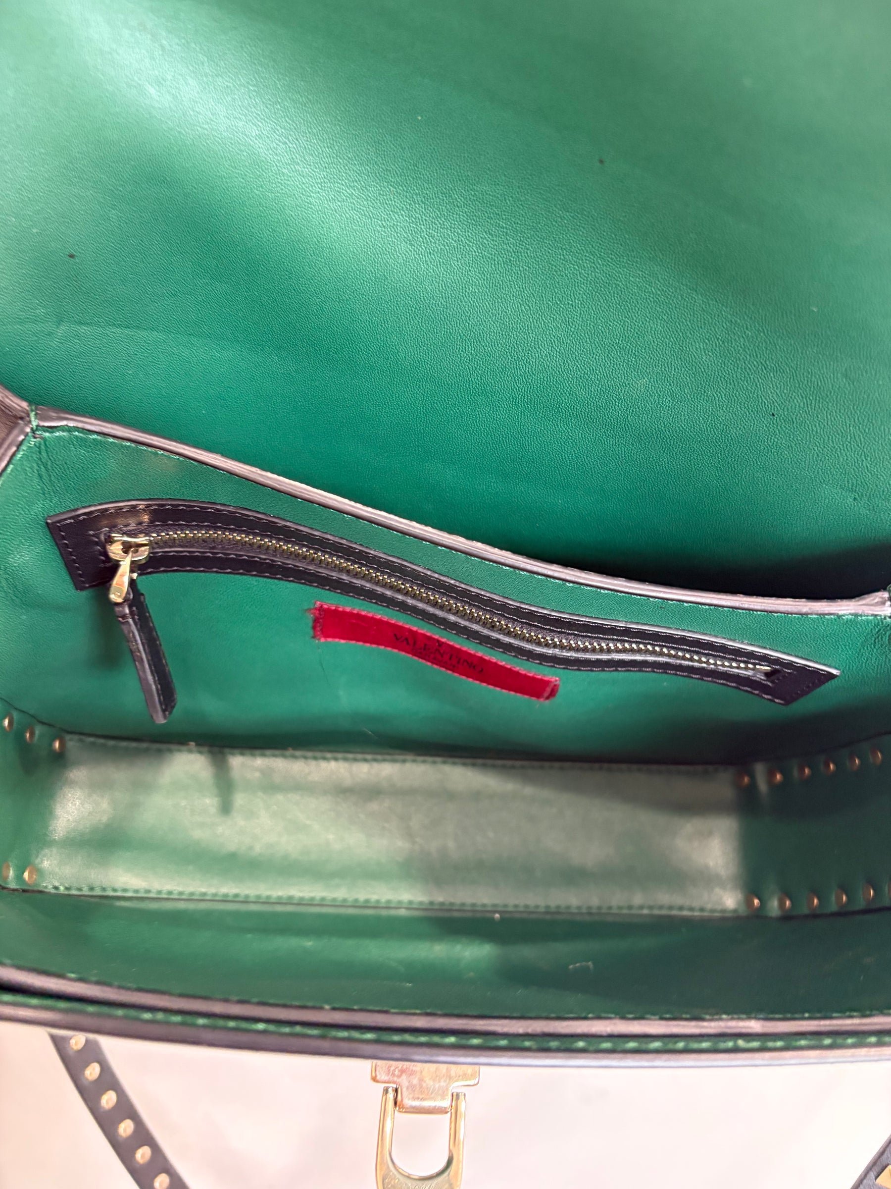 Valentino Rockstud Glam Lock Shoulder Bag In Green Black Trim