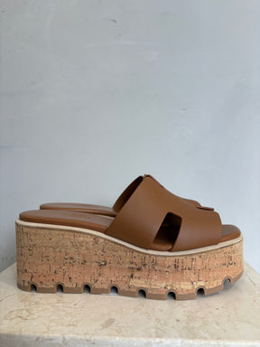 Hermès Tan Leather Eze Wedged Mules, 36