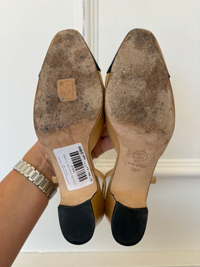 Chanel Beige Leather and Black Grosgrain Slingbacks, 36C