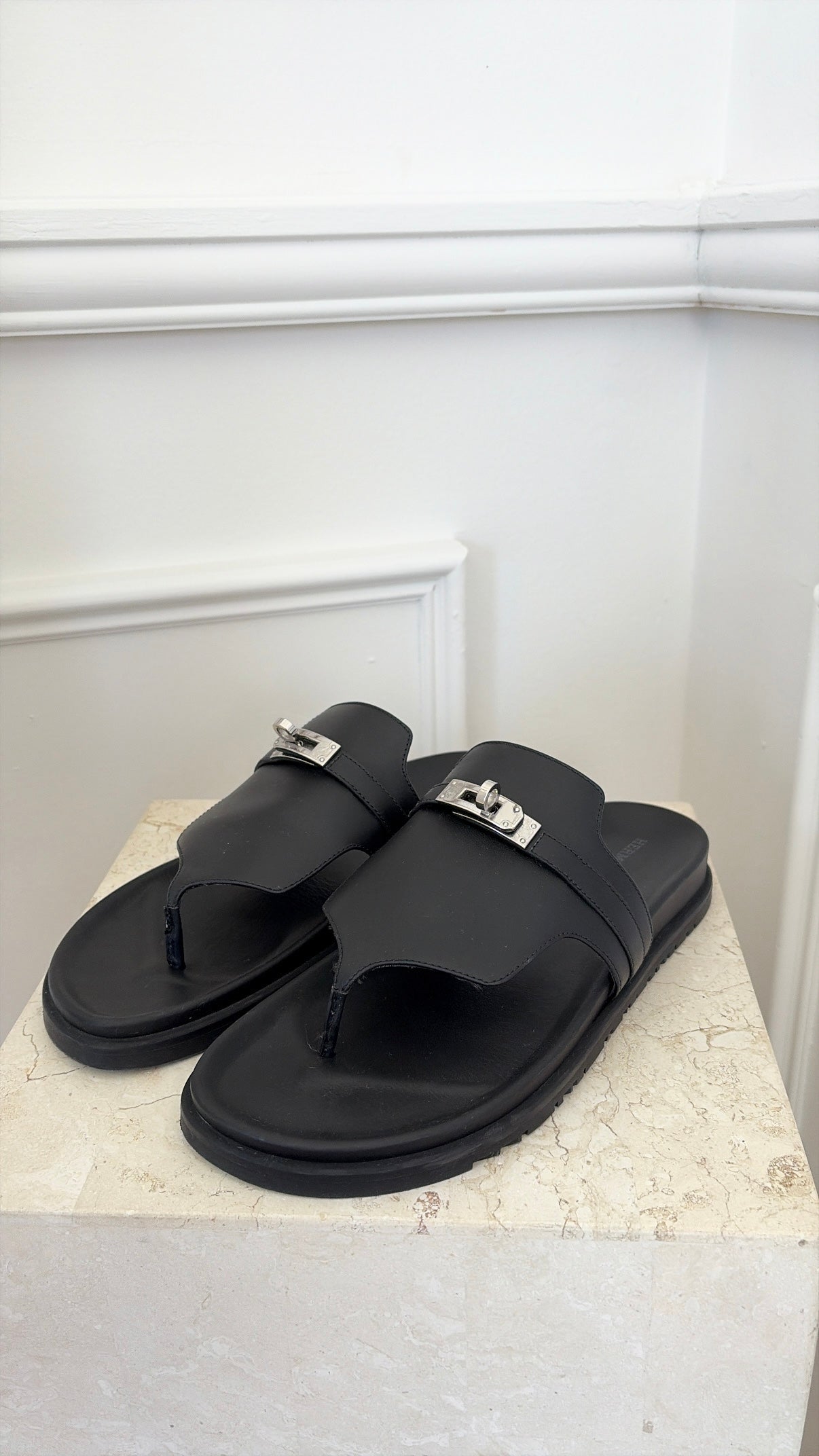 Hermès Black Leather Empire Sandals, 41