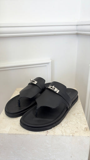 Hermès Black Leather Empire Sandals, 41