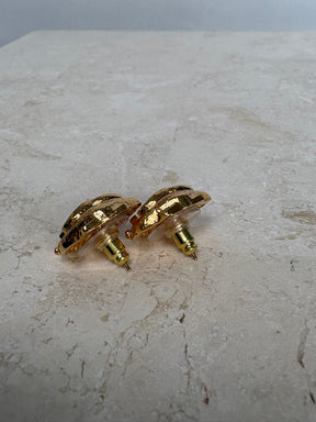 Chanel Gold Tone Crystal Logo Shell Earrings
