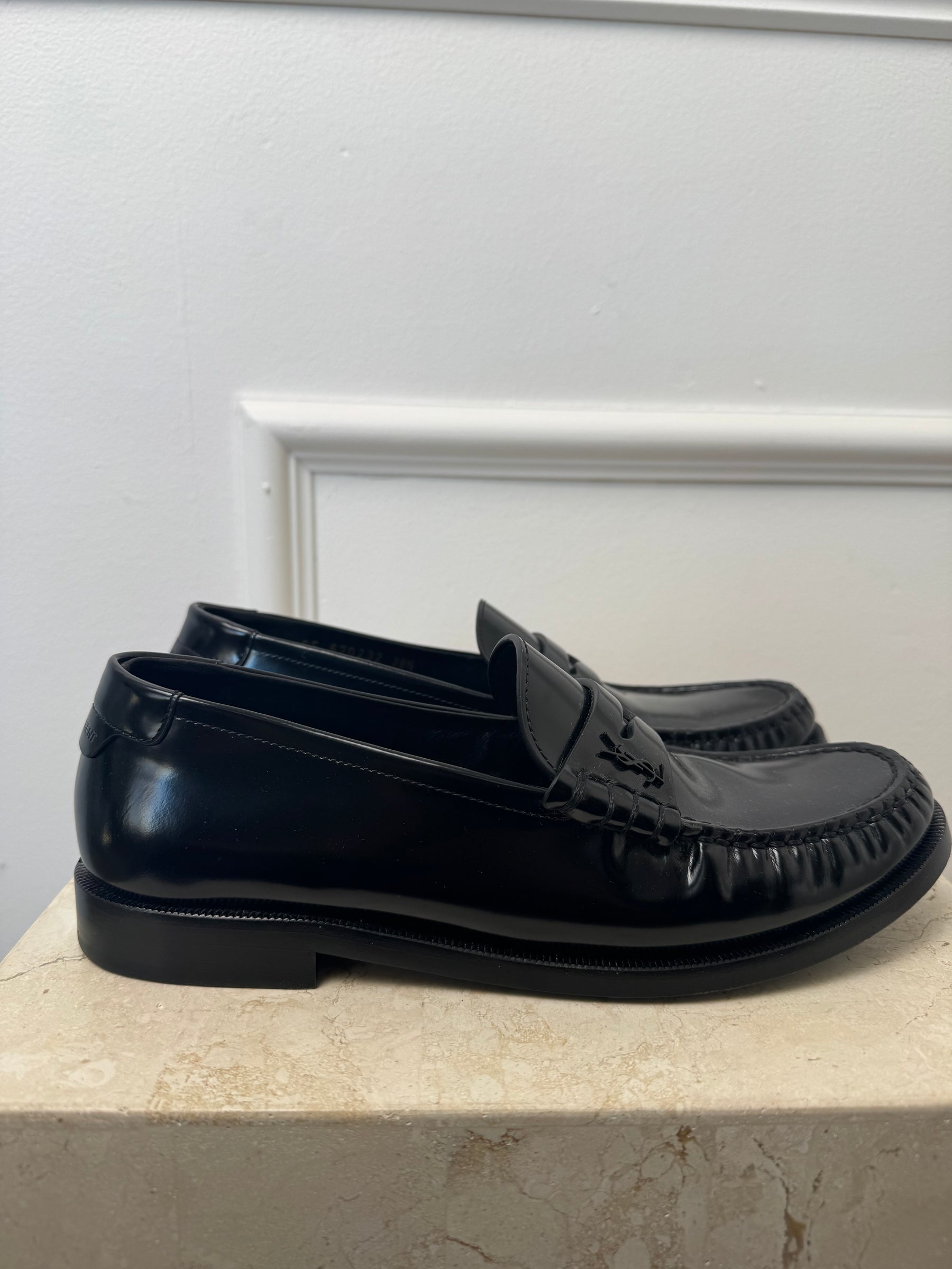 Saint Laurent Black Brushed Leather Logo Loafer, 38.5
