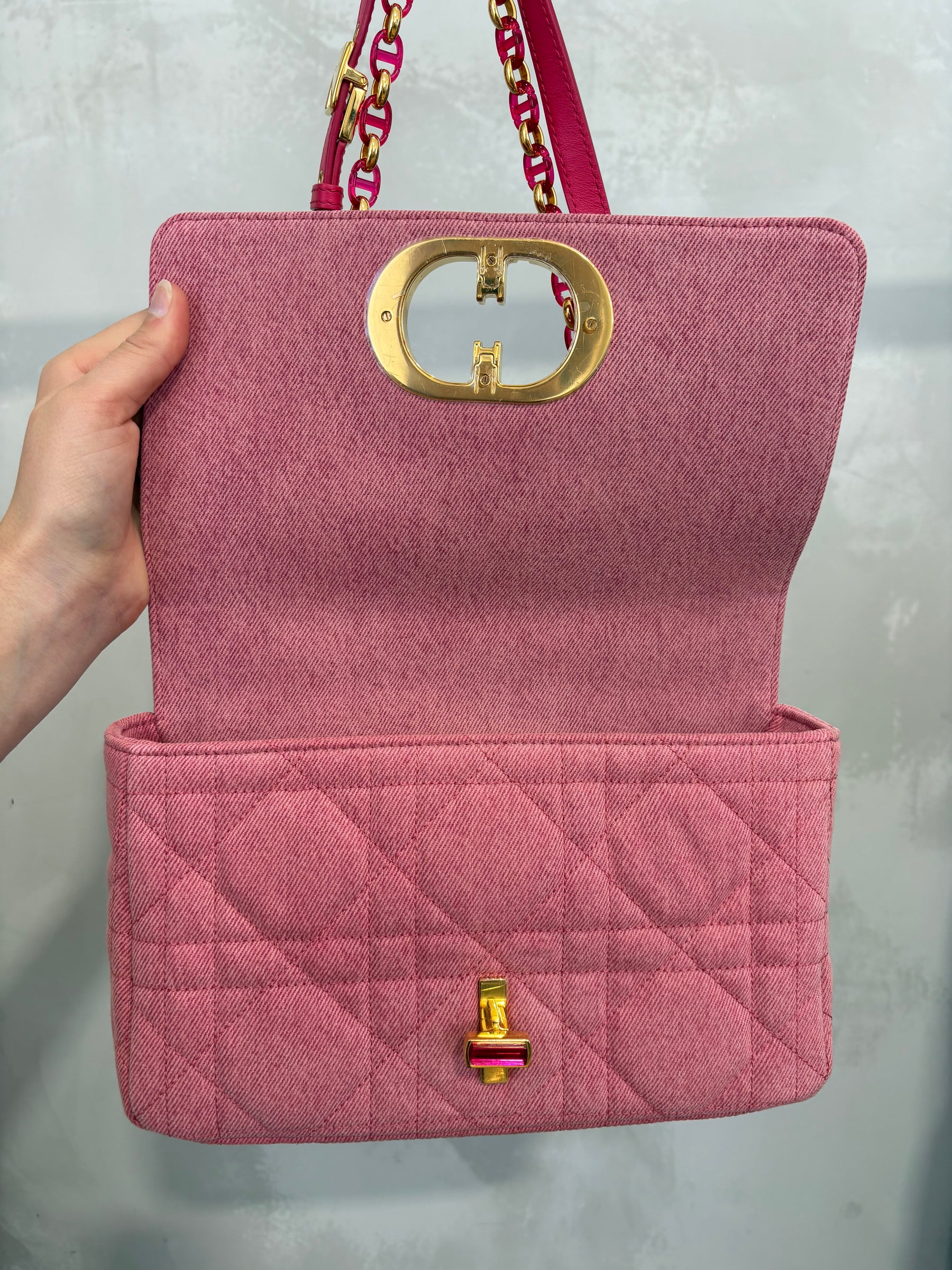 Dior Pink Denim Macrocannage Medium Caro Bag