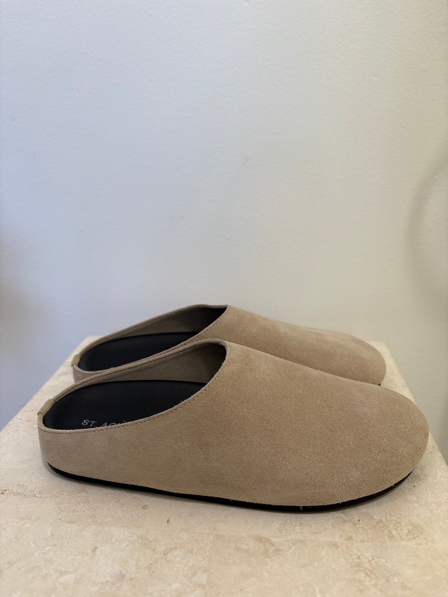 St. Agni Stone Suede Clog Mules, 36