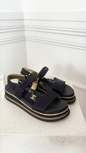 Chanel Black Satin Strappy Platform Sandal, 38.5 C
