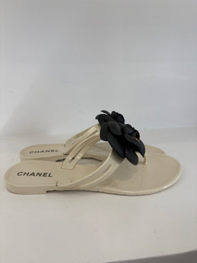 Chanel White Rubber Thong with Black Camellia, 38