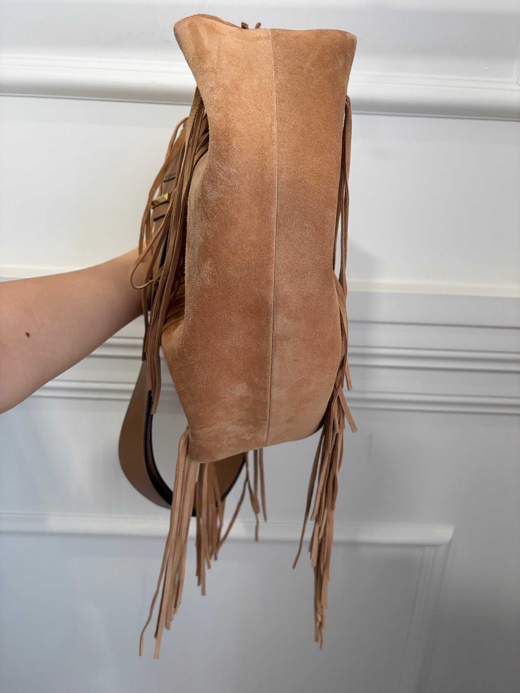 Jimmy Choo Toffee Suede Fringed Cinch Medium Bag