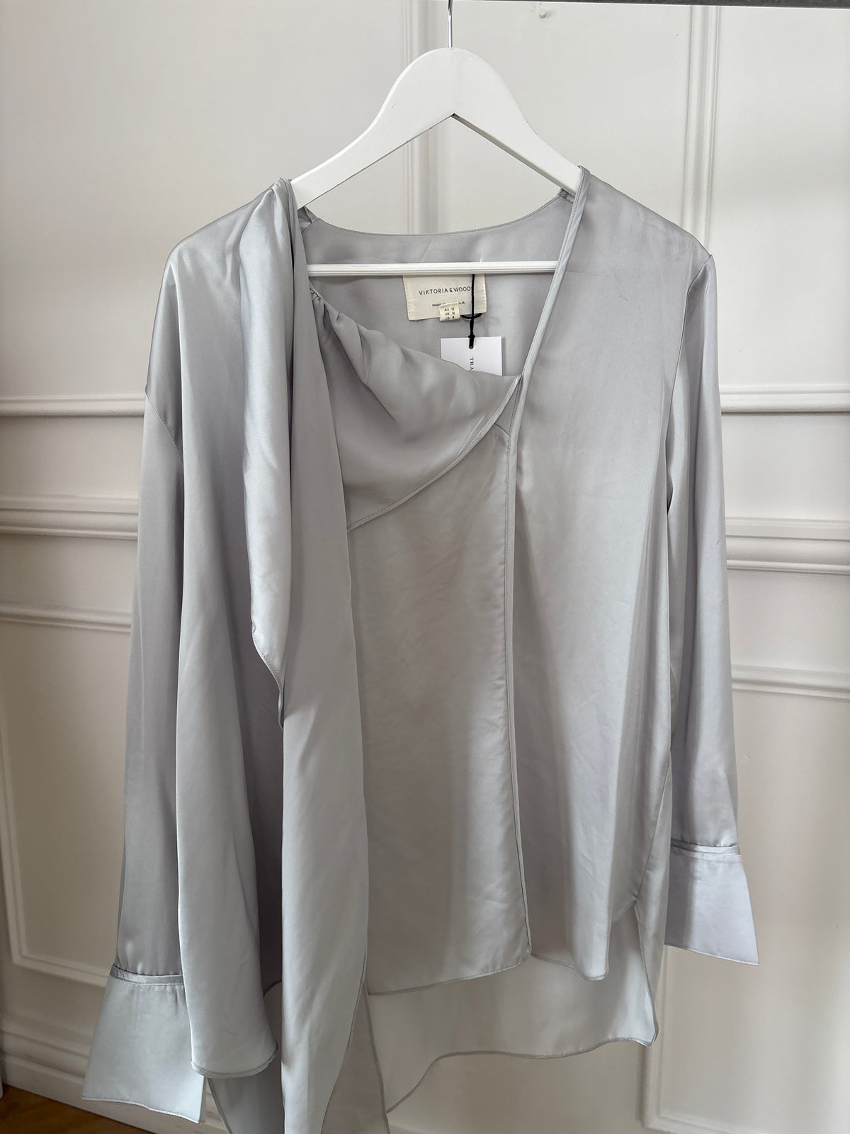Viktoria & Woods Silver Satin Scarf Blouse (3) and Pant (4) Set
