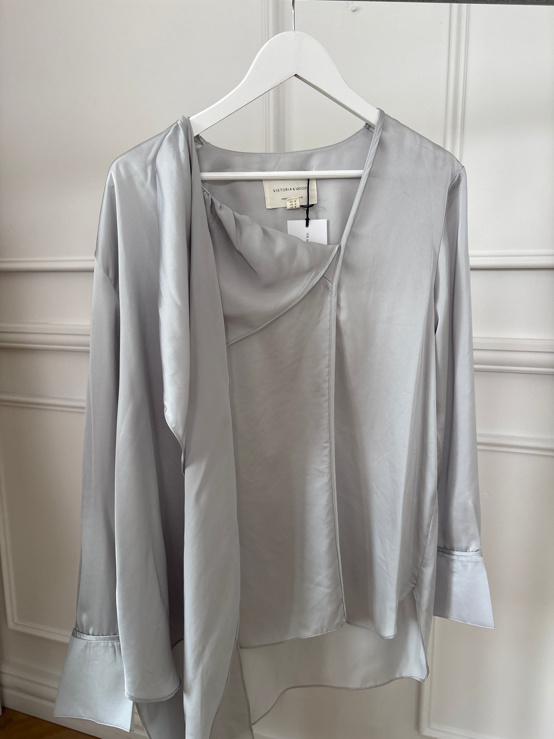 Viktoria & Woods Silver Satin Scarf Blouse (3) and Pant (4) Set