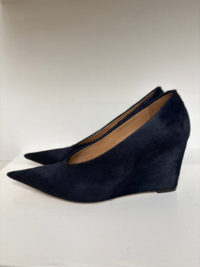 Scanlan Theodore Navy Ponyhair Pointed Wedge Pumps, 41