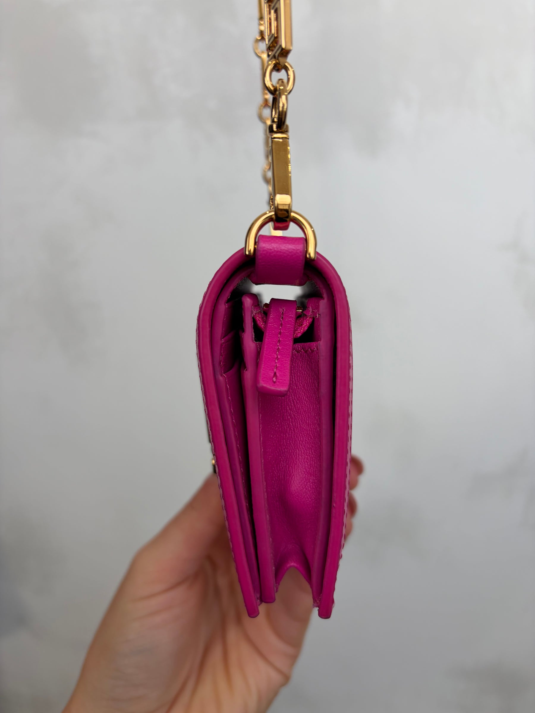 Versace Pink Leather Greca Goddess Chain Mini Wallet