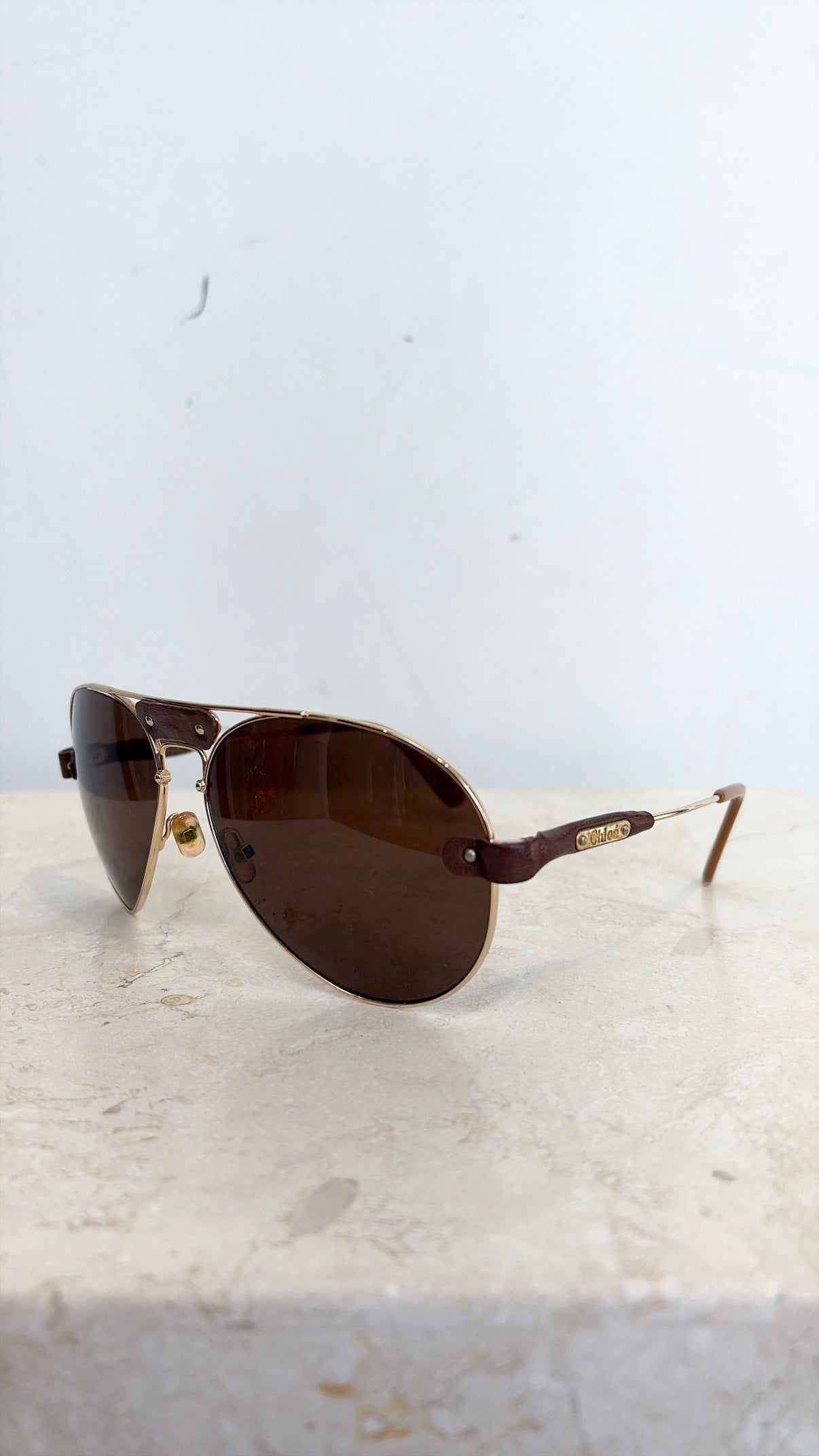 Chloé Gold and Leather Logo Arm Aviator Sungalsses