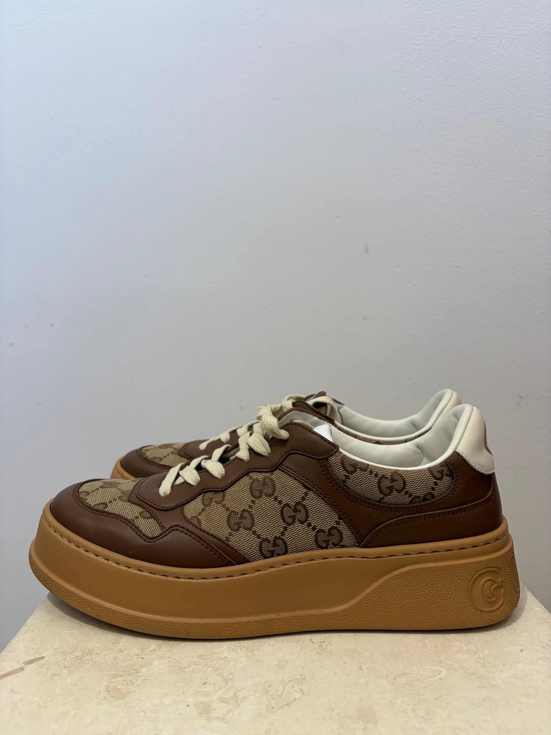 Gucci Brown Leather and Monogram Canvas Chunky Sneakers, 41