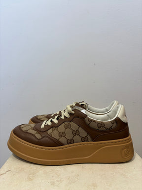 Gucci Brown Leather and Monogram Canvas Chunky Sneakers, 41
