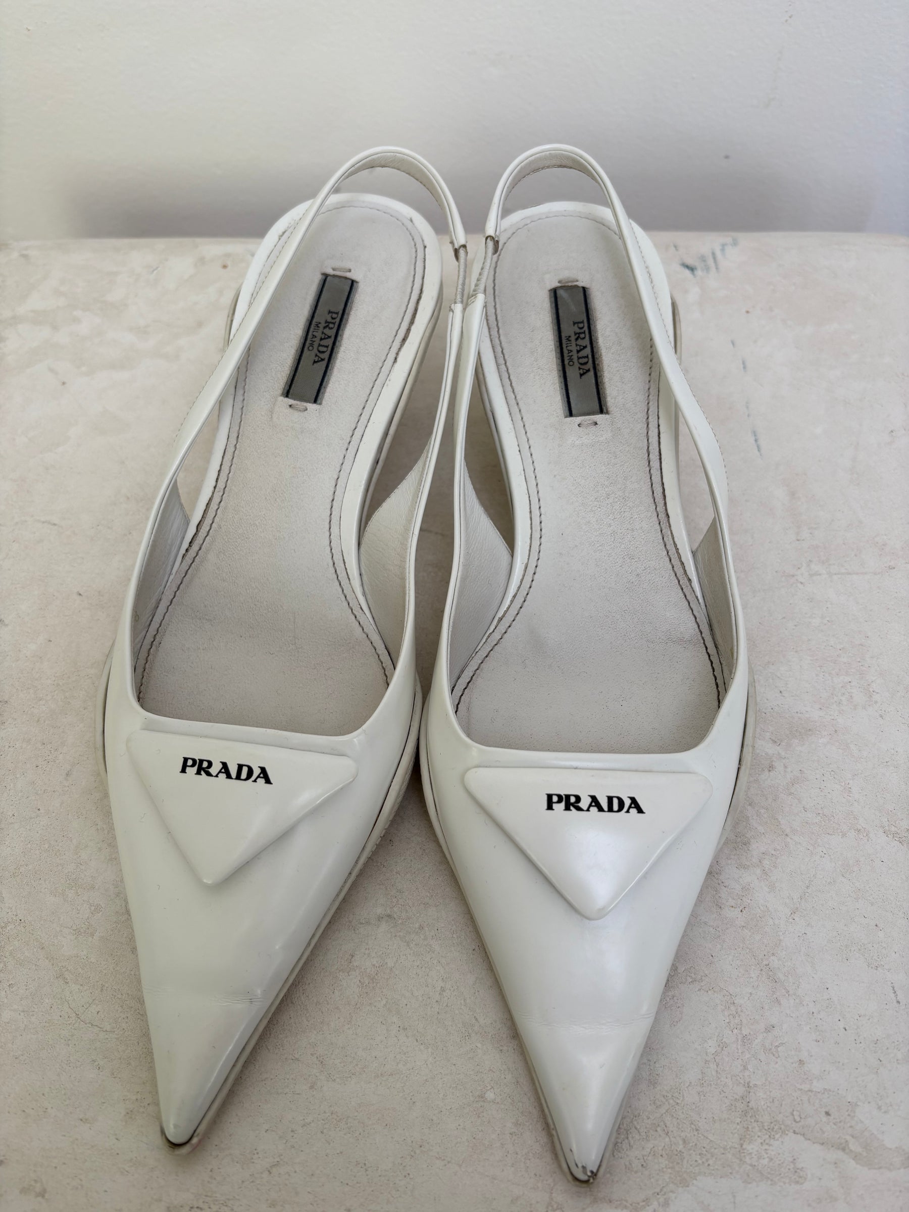 Prada Pointed Slingback Pumps In White, 38