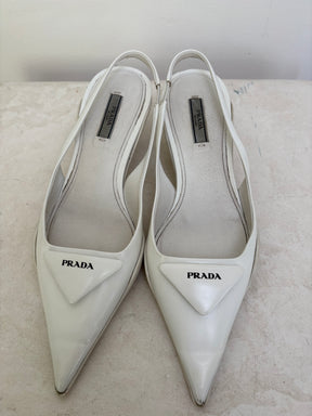 Prada Pointed Slingback Pumps In White, 38