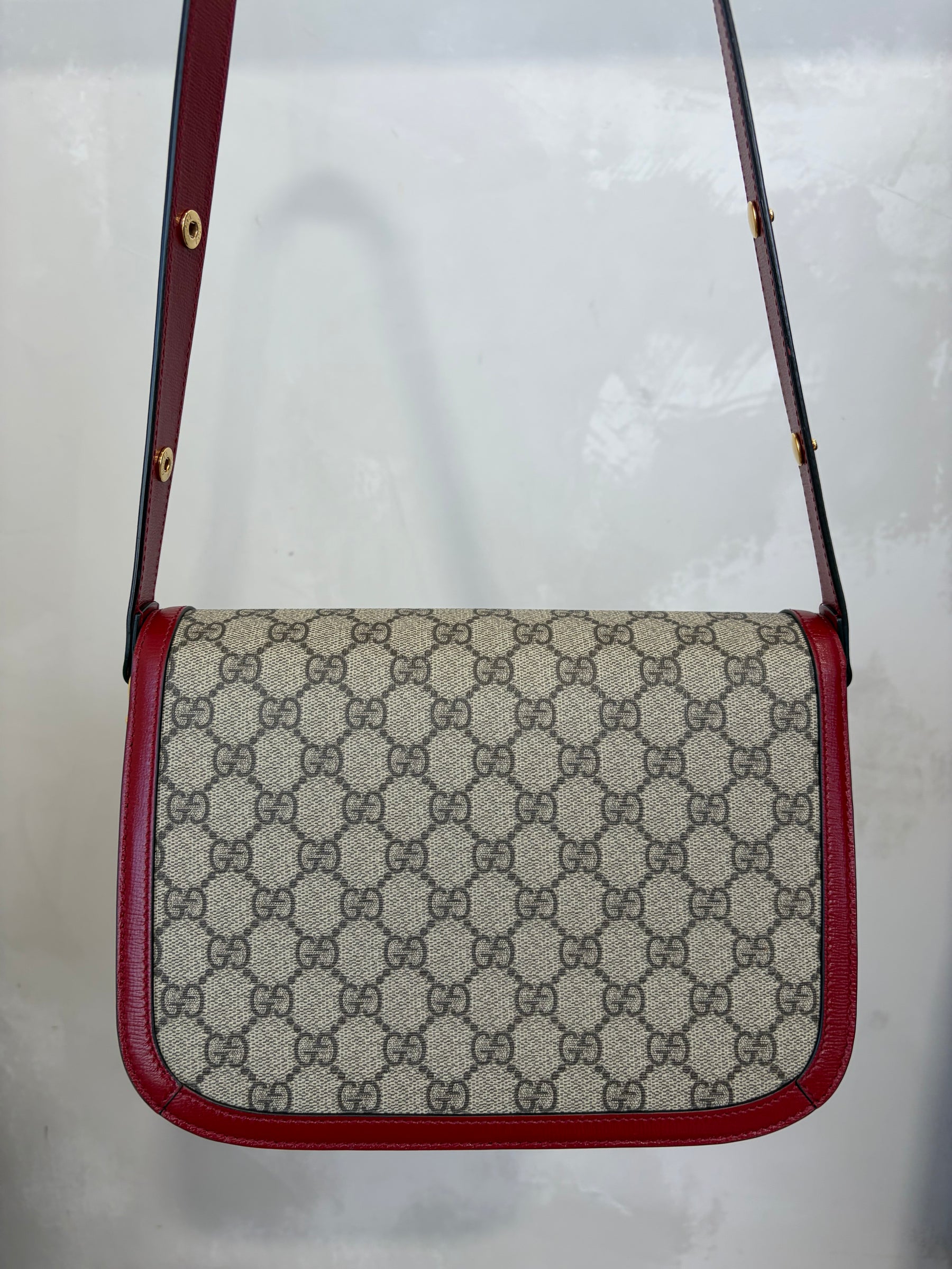 Gucci Coated Canvas Monogram and Red Leather 1955 Horsebit Shoulder Bag