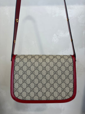 Gucci Coated Canvas Monogram and Red Leather 1955 Horsebit Shoulder Bag