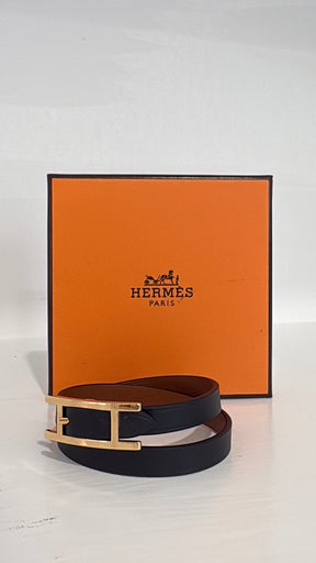 Hermès Black Leather and Rose Gold Behapi Wrap Bracelet, T2