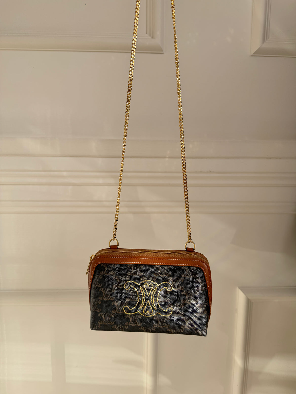 Celine Clutch On Chain With Triomphe Embroidery Tan Gold