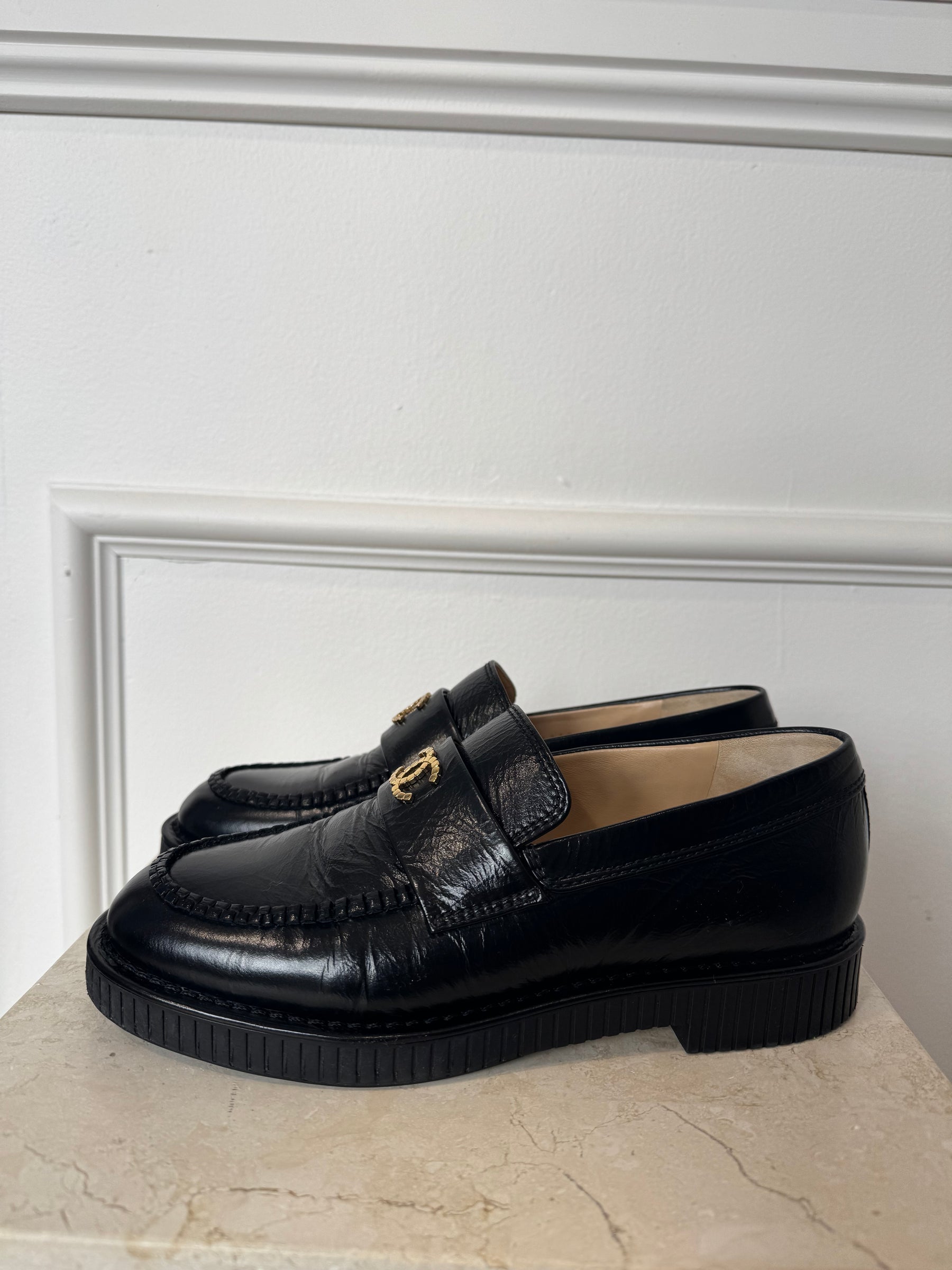 Chanel Black Leather CC Logo Loafer, 37.5C