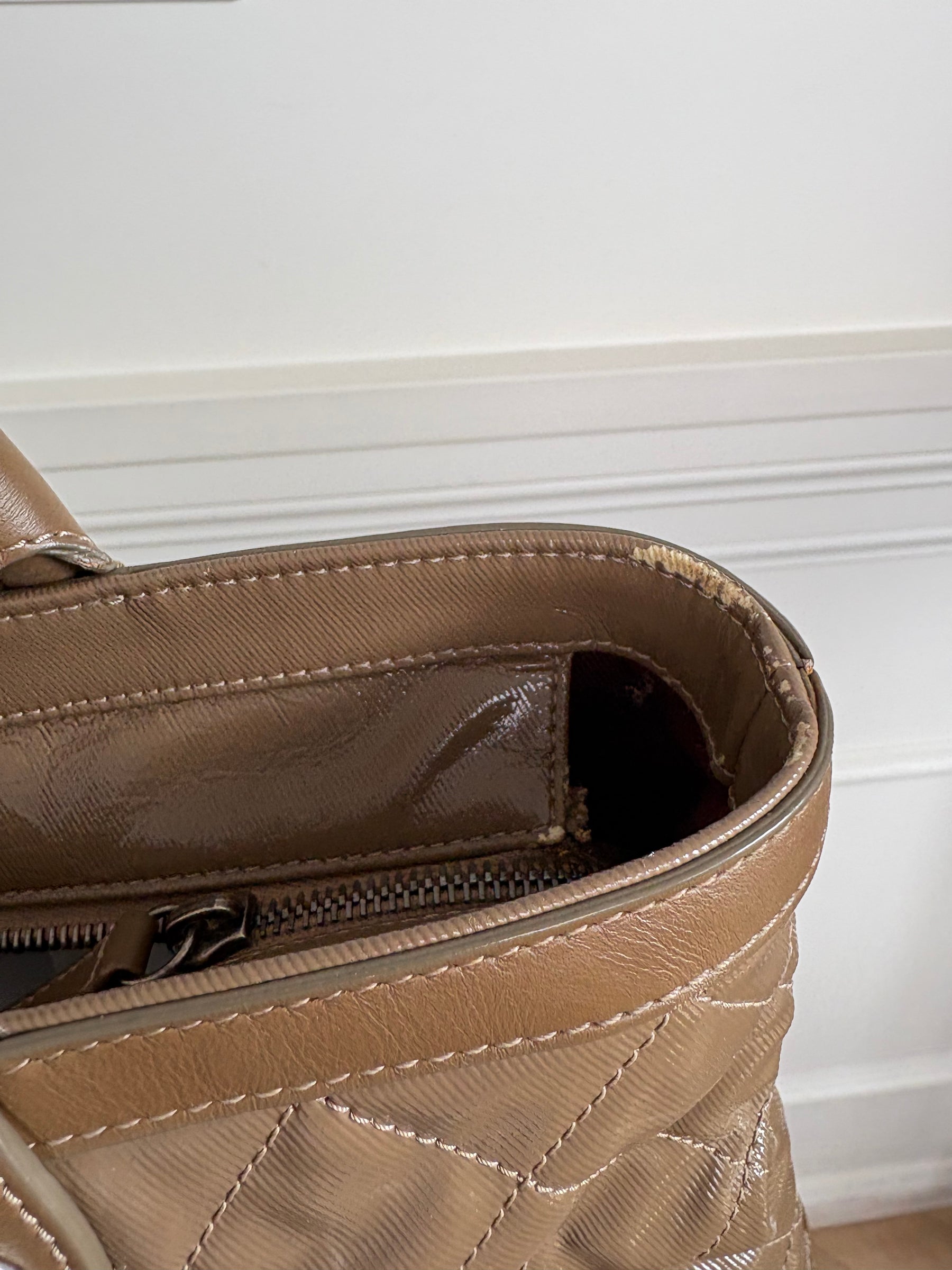 Chanel Taupe Quilted Coated Canvas Shoulder Tote