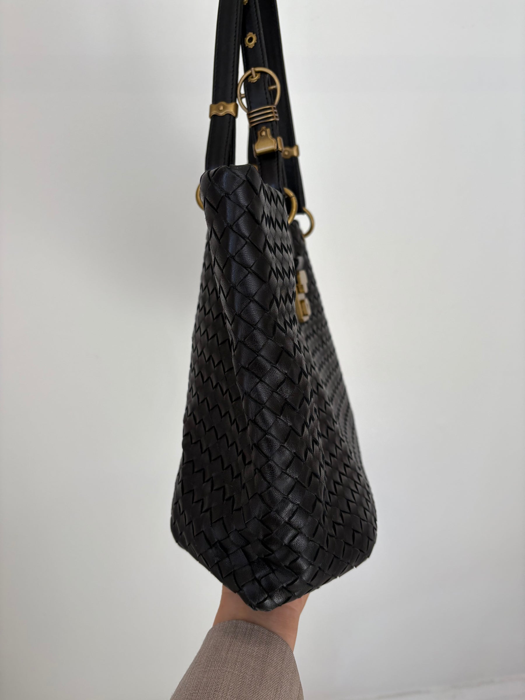 Bottega Veneta Black Intrecciato Leather Buckle Tote