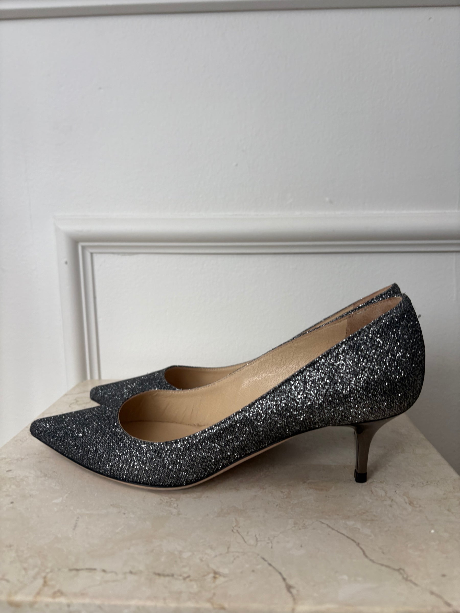 Jimmy Choo Anthracite Glitter Kitten Heels, 36