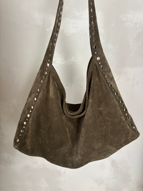 gimaguas Khaki Suede Studded Shoulder Maxi Franca Bag