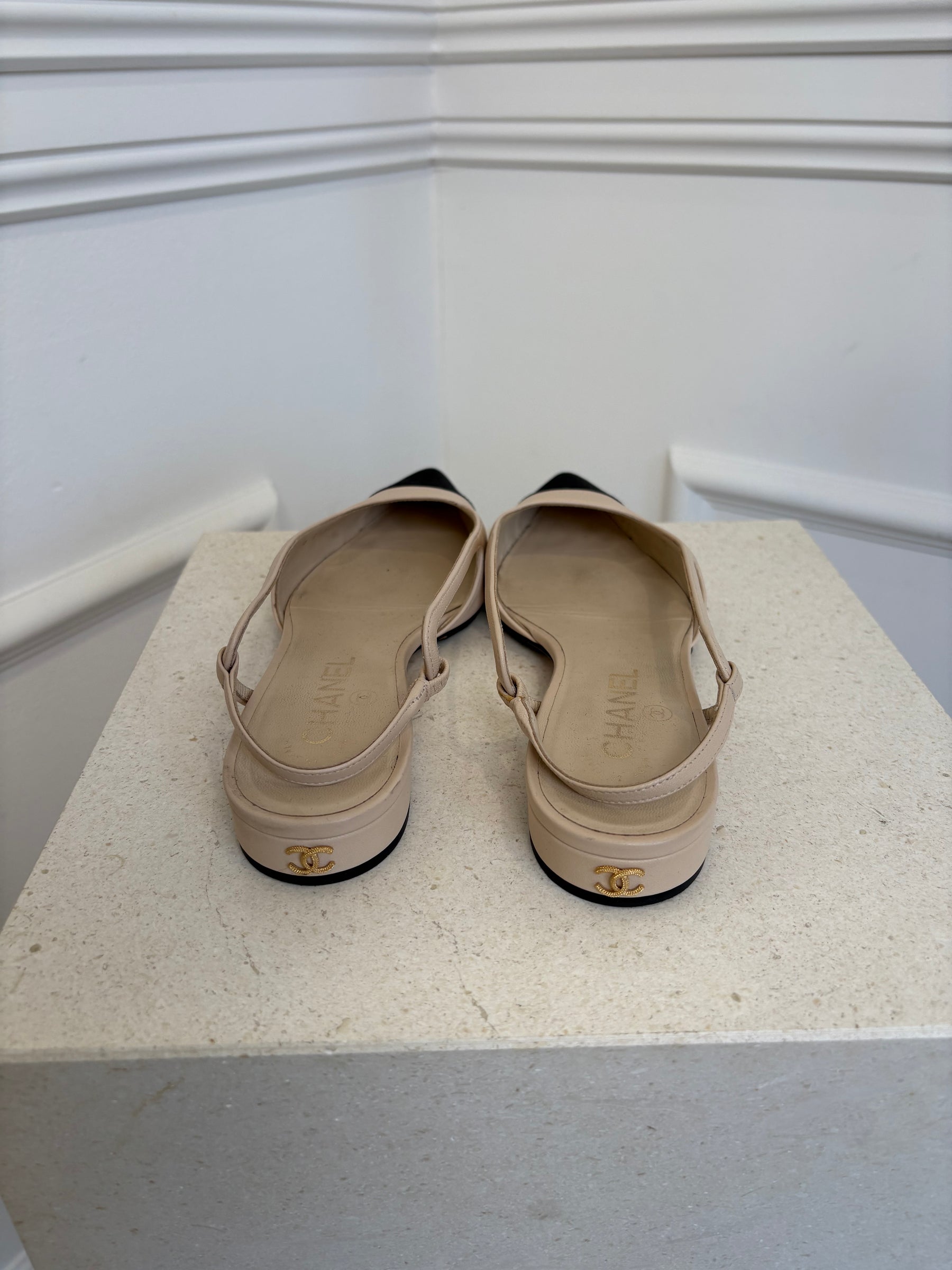 Chanel Light Beige and Black Pointed Slingback Flats, 37.5
